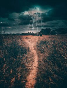 Dark clouds over a field with lightning bolting down to the ground.