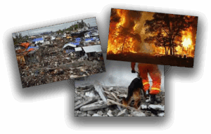 Collage of disaster pictures of flood, fire, and search and rescue.