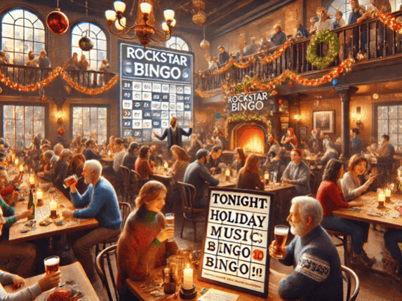 Cartoon illustration of people playing Bingo at Christmas time.